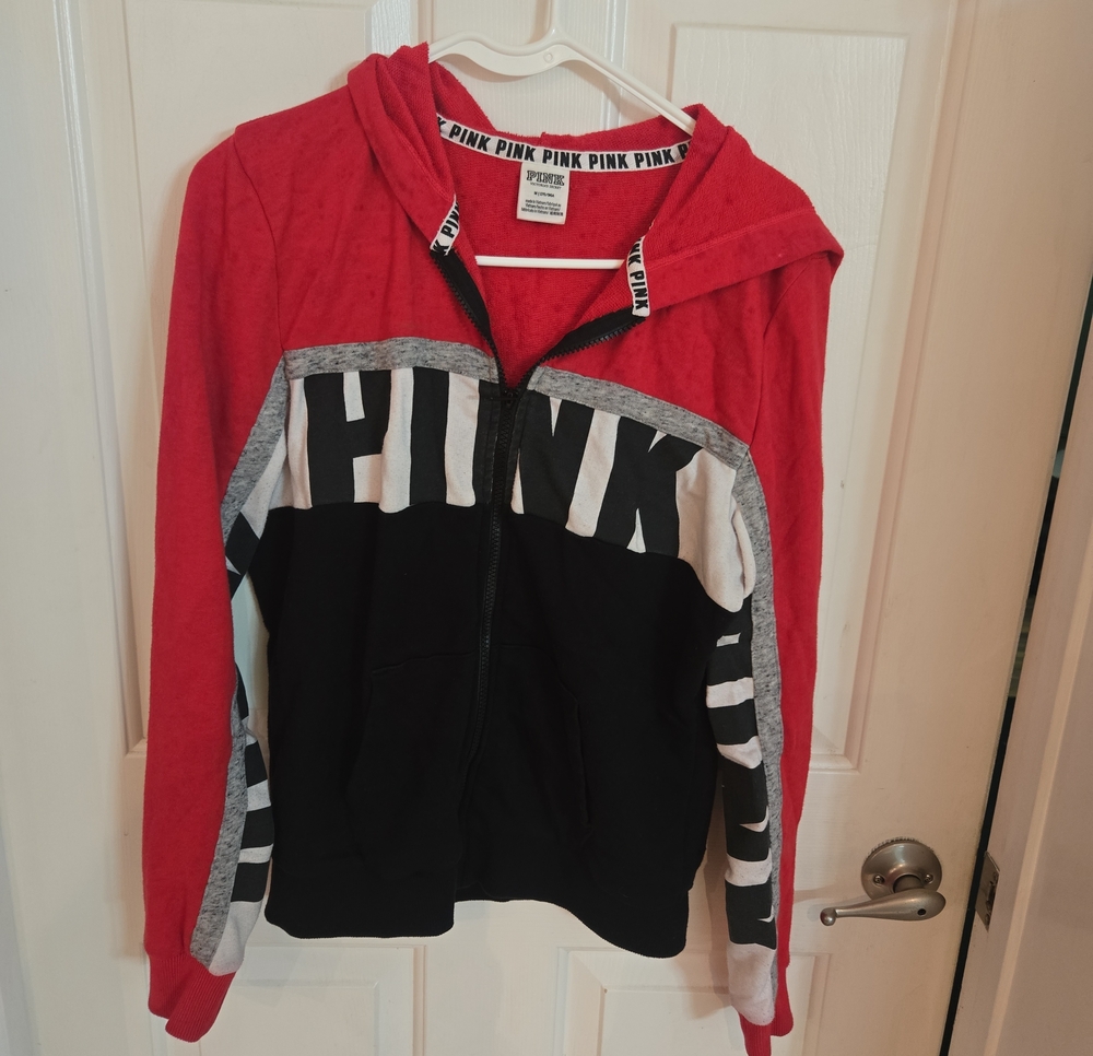 PINK Victoria's Secret Red, Black & Gray Colorblock Zip Hoodie